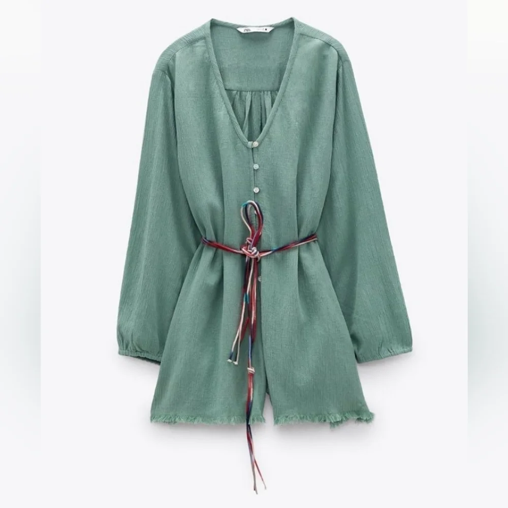 NWT Zara Mumbai Jumpsuit Sage Green Long Sleeve Romper W/ Belt Women's Size XS